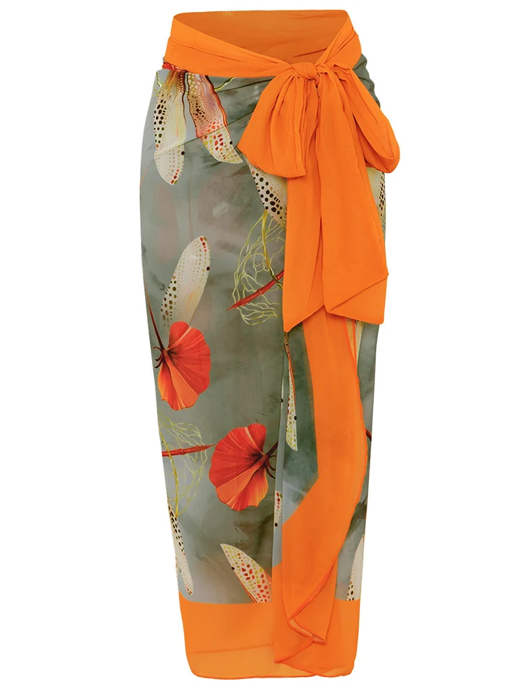 Maiô feminino de uma peça com posicionamento de libélula + saia longa com gravata estampada em chiffon