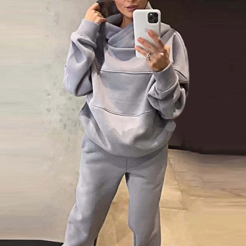 Women Solid Tracksuit Sportwear 2024 Hooded Long Sleeve Sweatshirt Tops&Pockets Pant Outfit Winter Autumn Thickness Two Piece