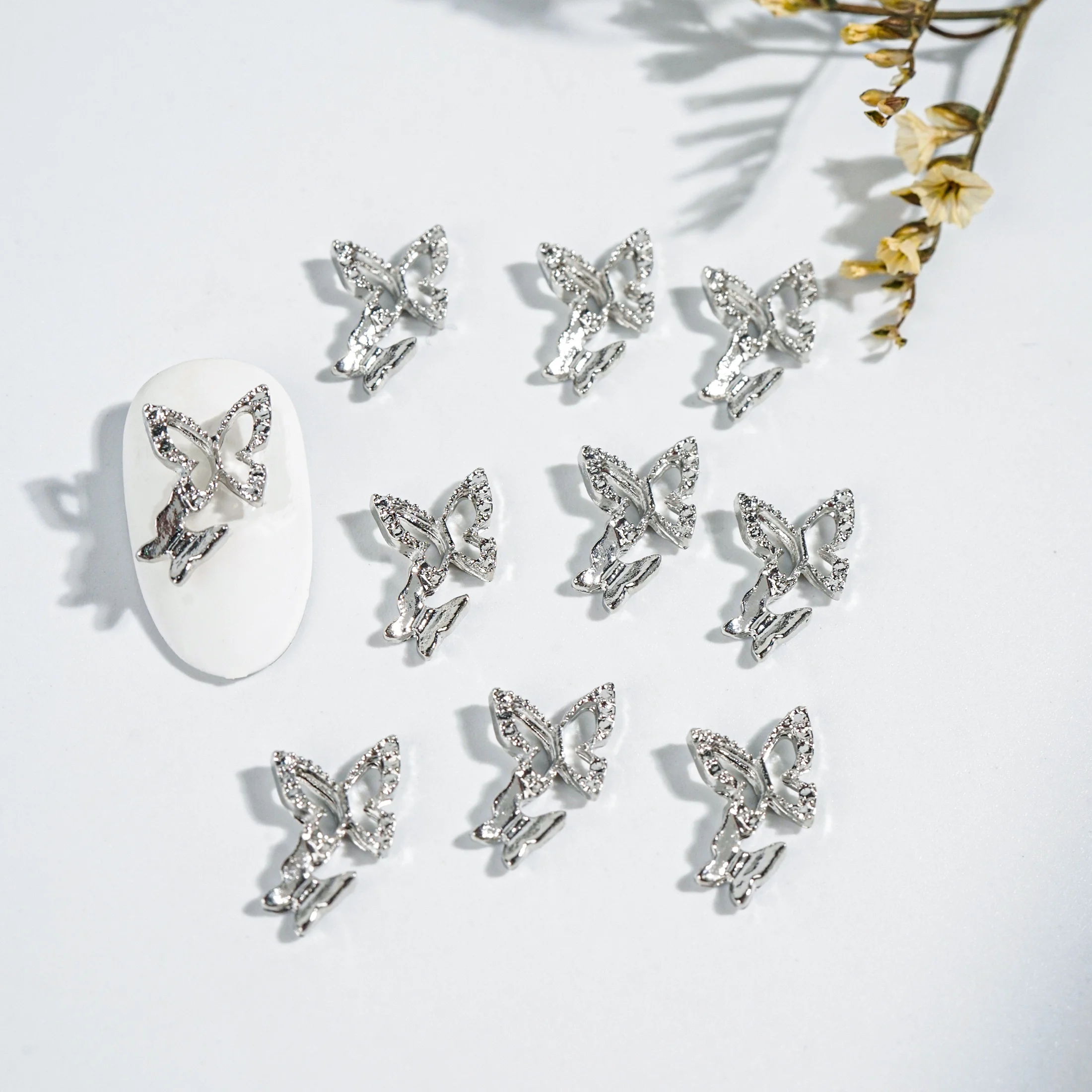 20pcs/Bag Butterfly Nail Art Charms Bow Butterfly Shaped Nail Rhinestone Decoration 3D Metal Silver Diamond