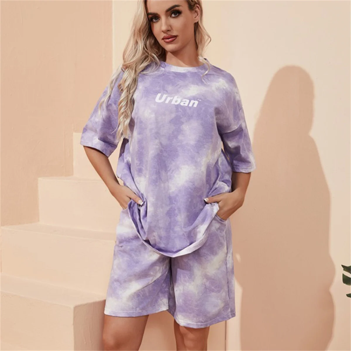 Women\'s Summer New Sports Suit Loose O Neck T-Shirt Wide Leg Middle Pants With Pockets Leisure Two-piece Set Tie Dye 2024 Outfit