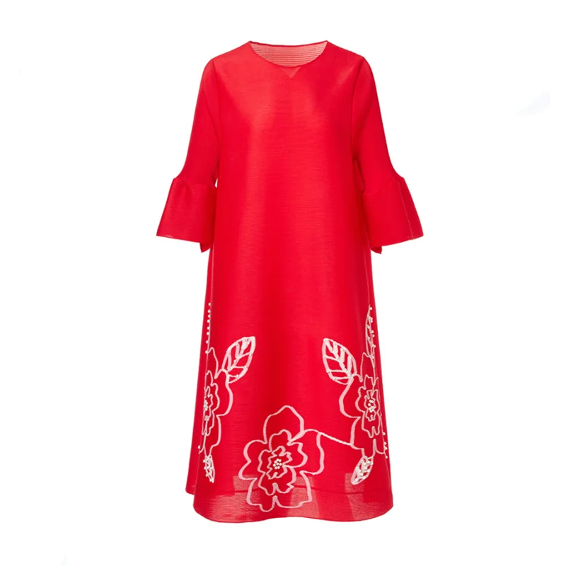 Robe trapèze plissée à col rond pour femme, manches trois quarts, mode perlée, manches évasées, commande ata yake, automne