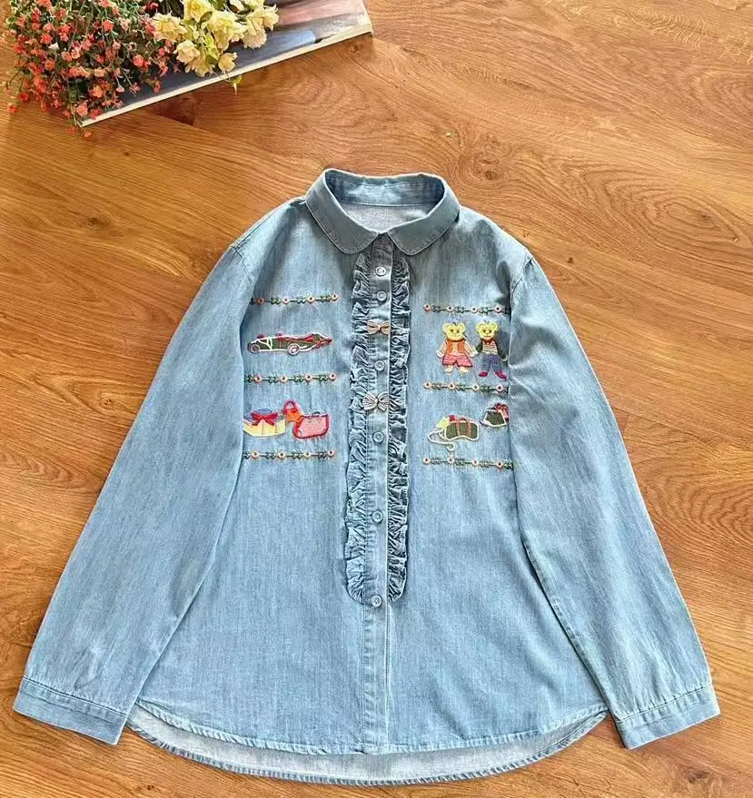 Spring New Japanese Vintage Mori Girl Cartoon Bear Embroidery Denim Cotton Shirts Women Turn Down Collar Long Sleeve Casual Tops