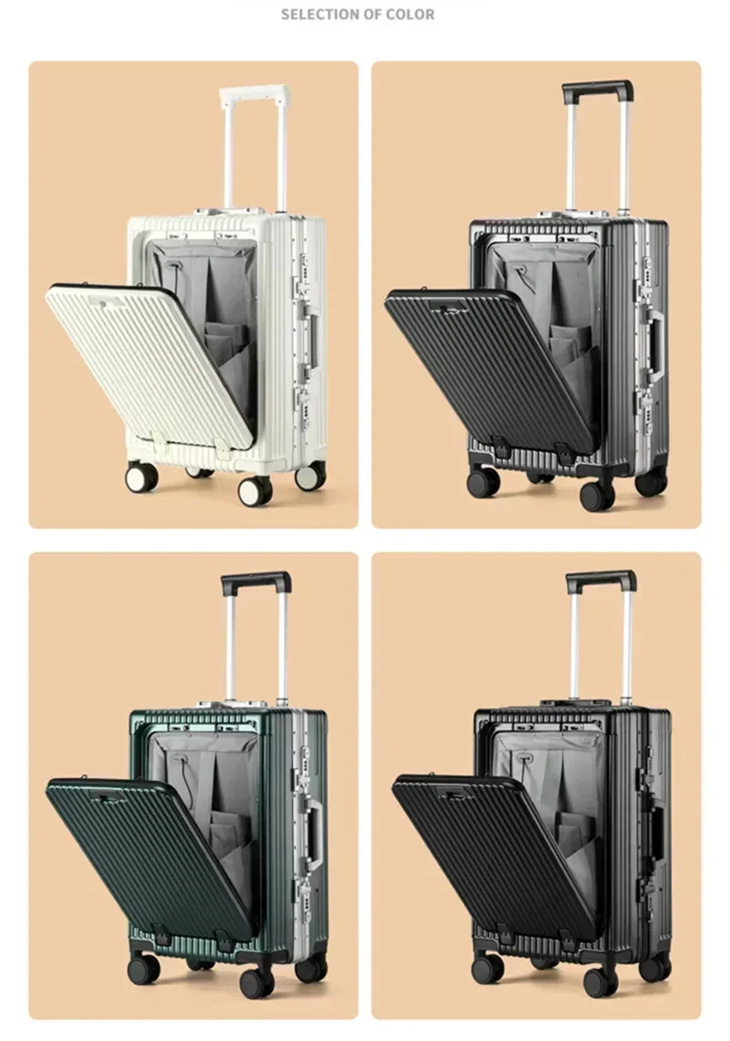 2024 New 18 20 Inch Front Opening Aluminum Frame Rolling Luggage USB Cup Holder Phone Holder Suitcase