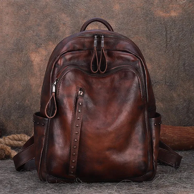 Large Capacity Knapsack For Women Vintage Rivets Packsack Genuine Leather Lady Backpack Retro Big Backpack Solid Color Rucksack