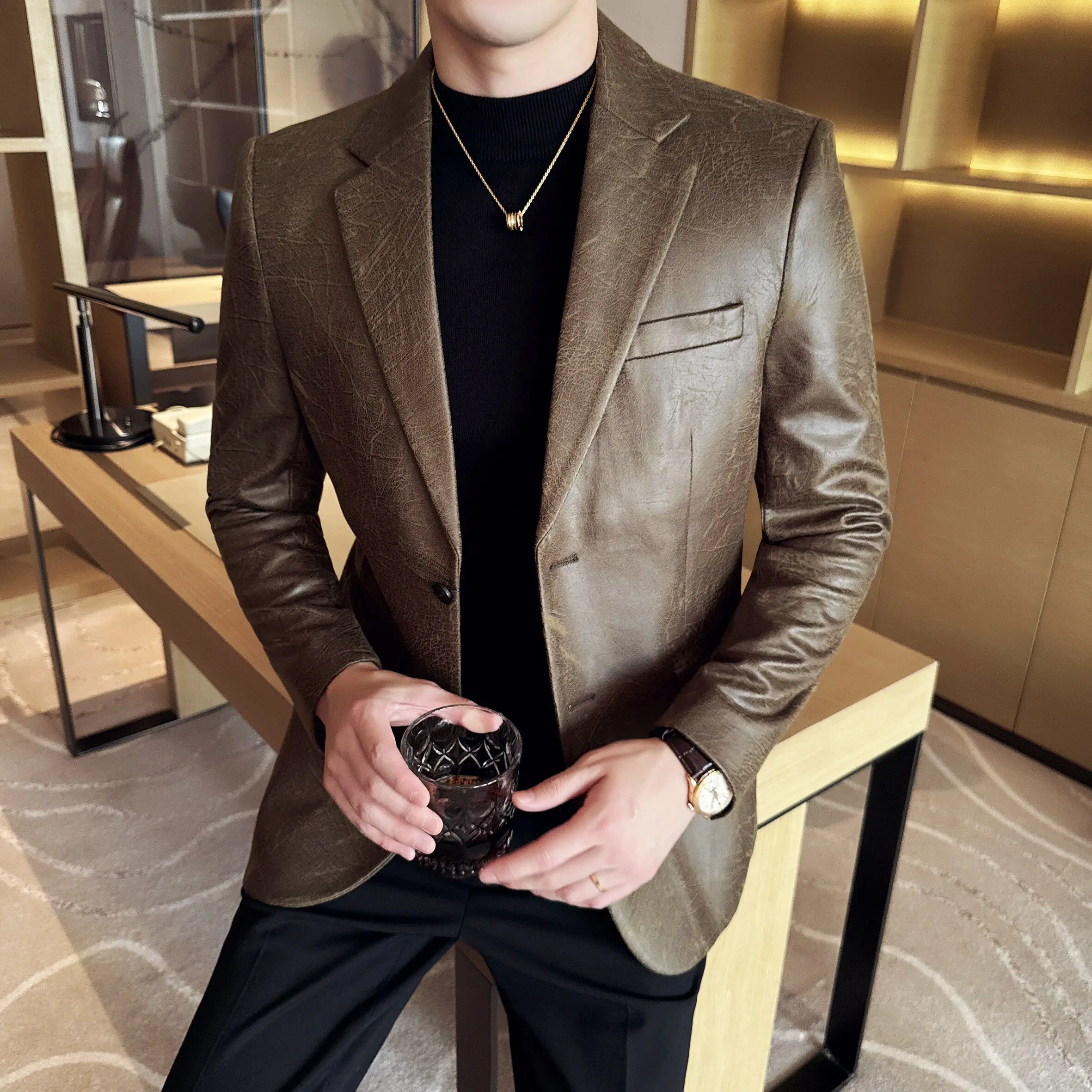 2026 Fashion New Men's Jacquard Leather Jacket High Quality Business Slimming Korean Edition Luxury Suit Coat Size 5XL-M
