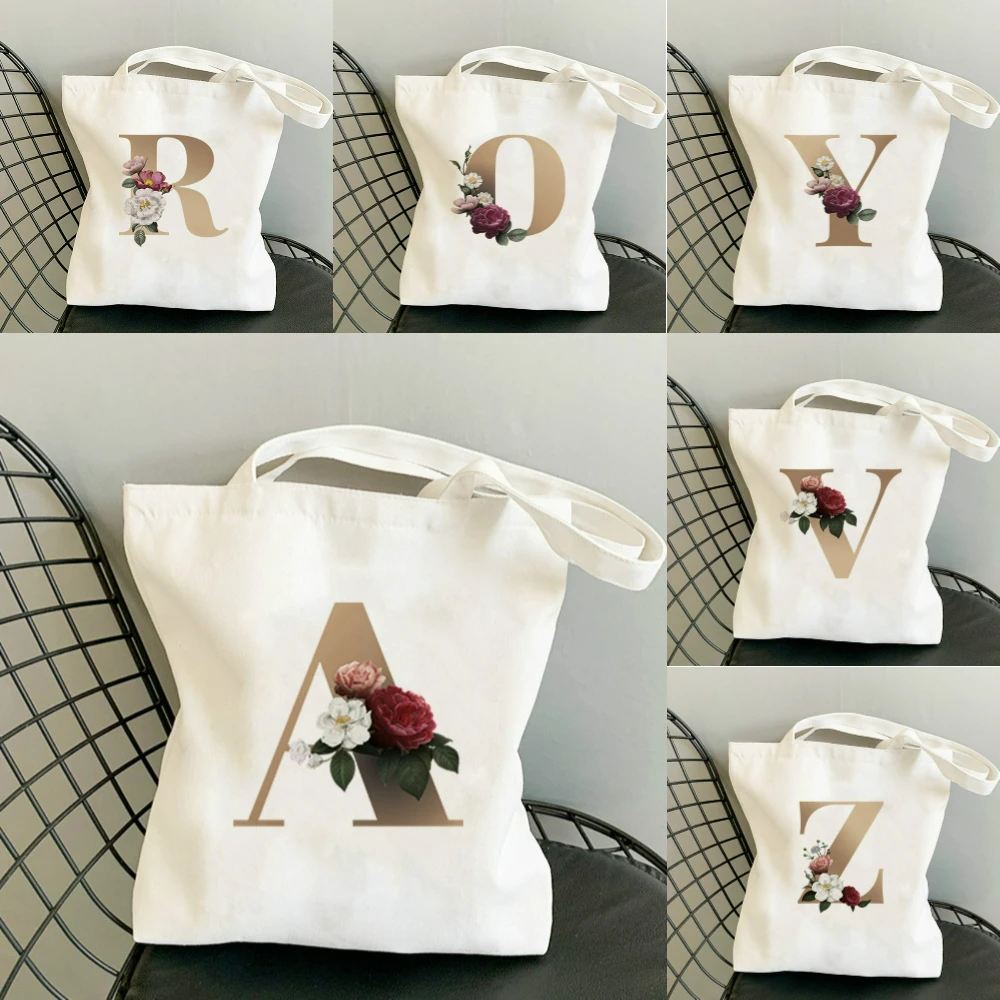 

Холщовая большая сумка с цветочным принтом алфавита A-Z, сумка для путешествий, учебы, путешествий, ежедневного использования, большая вместительная сумка для йоги, покупок, сумка на плечо