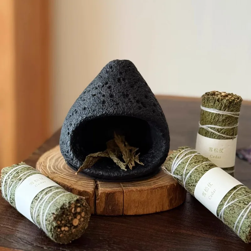 Handmade Mini Fireplace, Meditation Decor with Crystal Holder – Portable Ceramic Smudge Burner for Desktop Zen Atmosphere