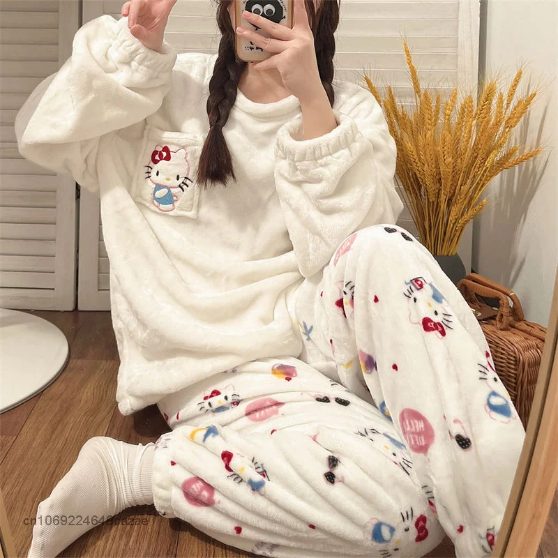 Sanrio Hello Kitty Winter Coral Velvet Pajamas Korean College Style Loose Plush Thickened Home Set Y2k Casual Clothes For Women