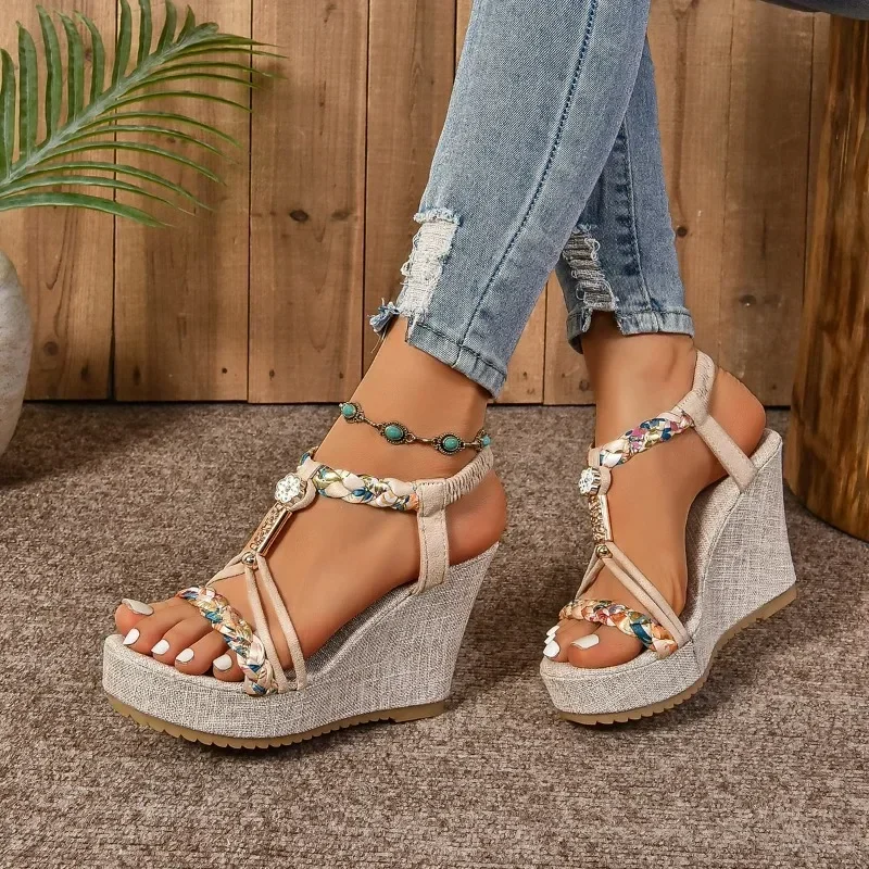 Women's Sandals 2024 Summer High Quality Elastic Band Platform Mixed Color Outdoor Leisure Comfortable Wedge Women's Sandals