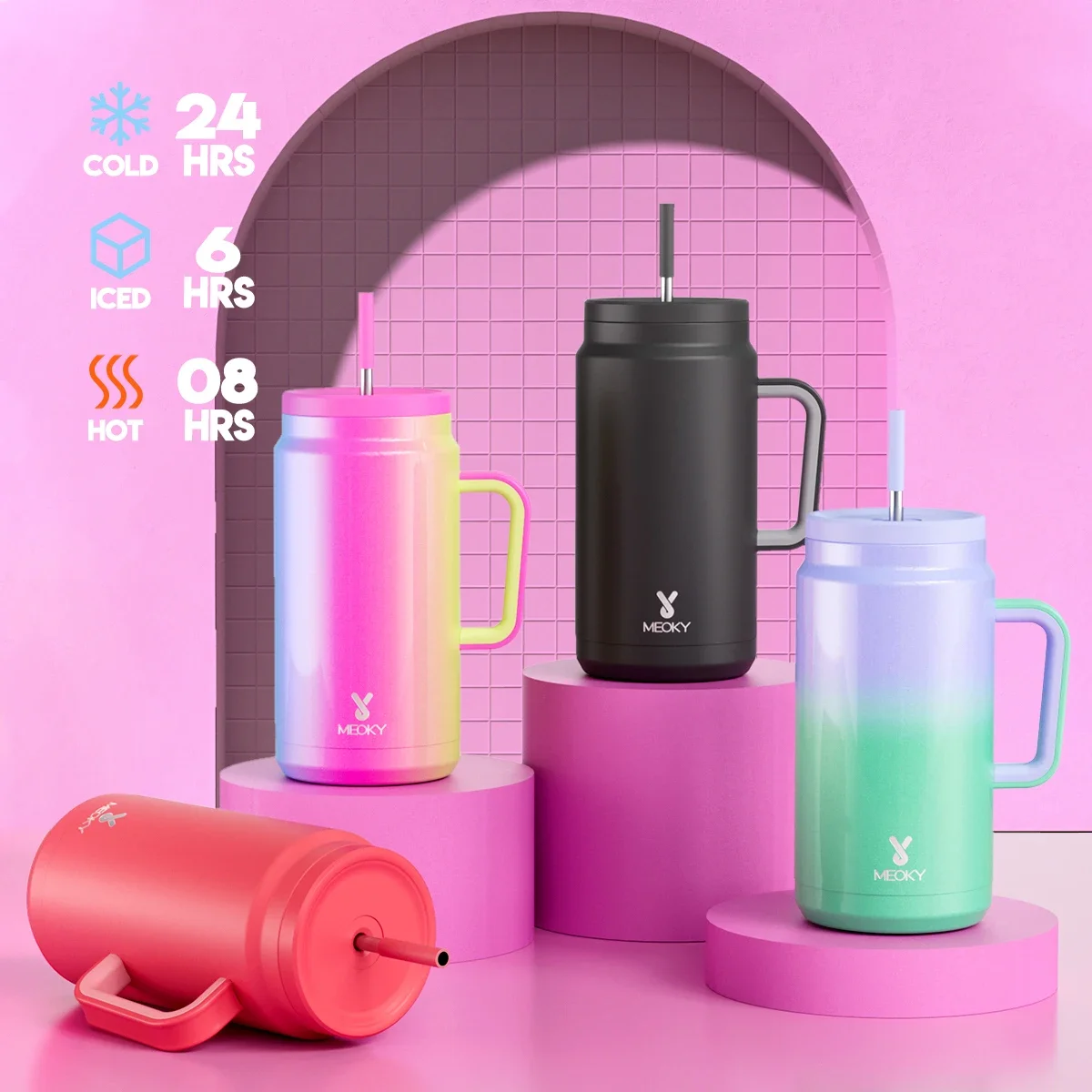 Meoky 50oz Tumbler Handle Straw Insulated Water Bottle Multi-prints Stainless Steel Leak-proof Large Capacity Travel Vacuum Cup