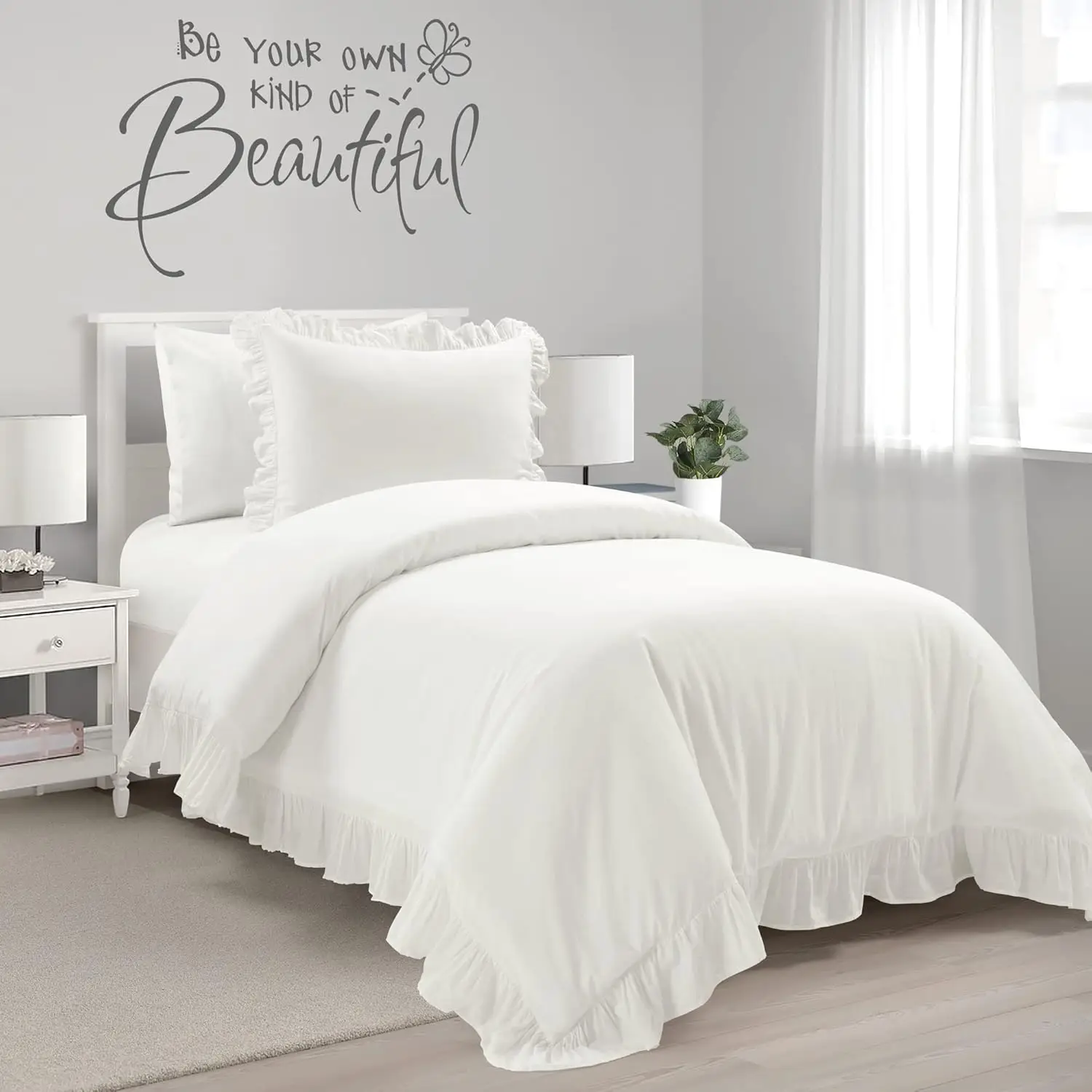 

Ruffle Cotton Duvet Cover Set Twin XL White - 2 Piece Bedding with Ruffled Border for Teen Girls Dorm Decor
