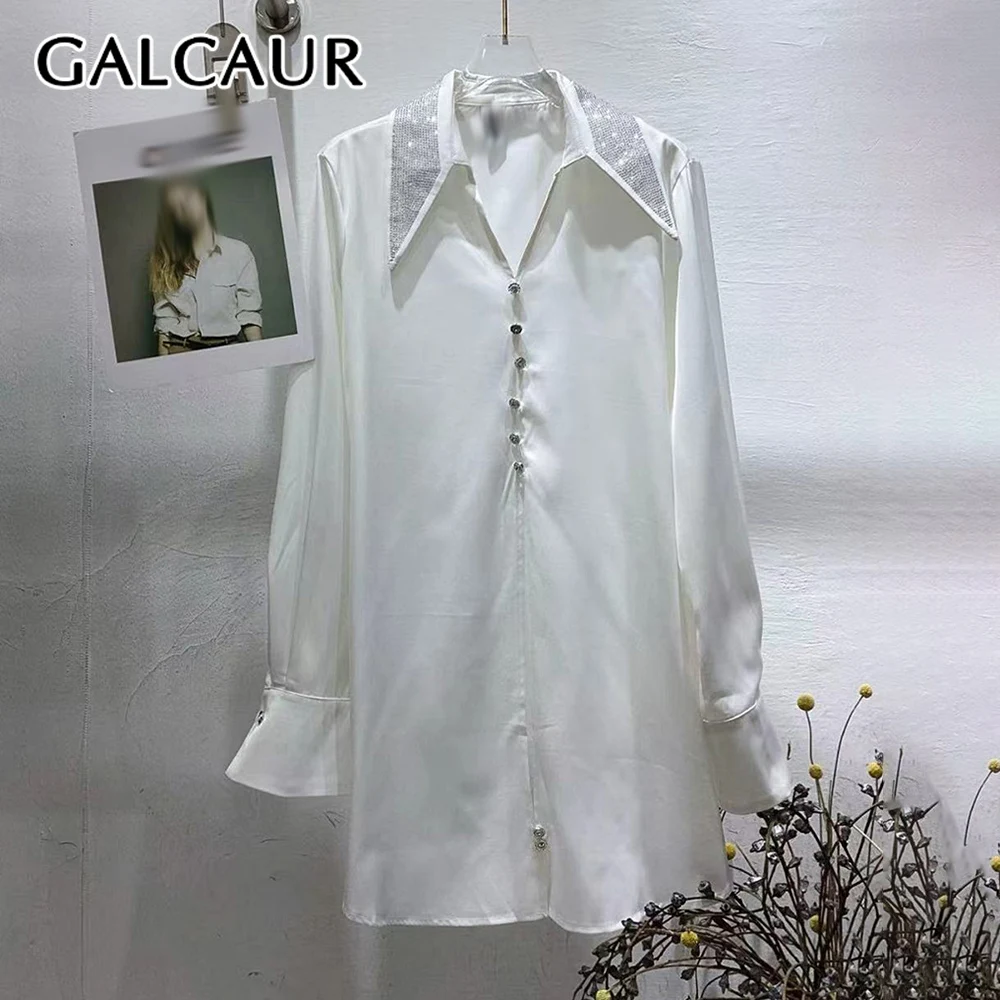 

GALCAUR однотонная минималистичная рубашка с бриллиантами, женская свободная рубашка с лацканами и длинными рукавами, элитные женские рубашки, осенняя мода, новый стиль