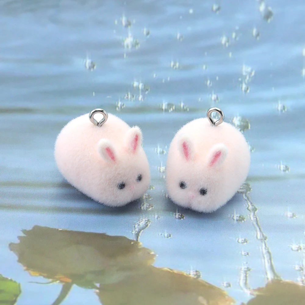 20Pcs 3D Flocking Resin Cute Rabbit Charms Cartoon Animal Pendant for Earrings Keychain Necklace Making DIY Jewelry Accessories