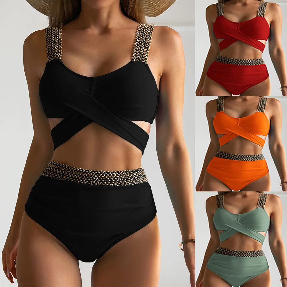 Womens High Waist Bikini Set Criss Cross Wrap Front Top Contrast Webbing Straps Ruched Bottom Two Piece Swimwear Swimming Trip