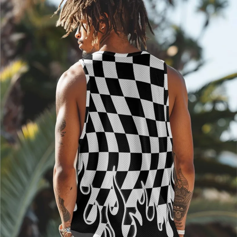 Checkerboard Print Men's Summer Black Sleeveless Tank Top Smooth Loose Sport Sleeveless Tee Basic Beach Vacation Tank Top