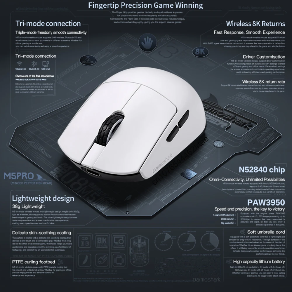 Imagem -02 - Darmoshark m5 Pro Mouse Paw3950 sem Fio 8k Bluetooth Conexão Tri-mode Gaming Macro Mouse 30000dpi N52840 38g Leve