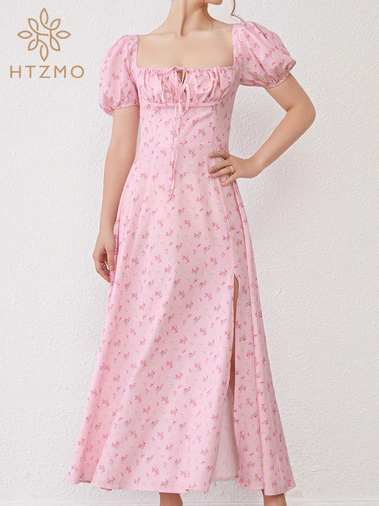 HTZMO Floral Summer Dress Women Sexy High Side Split Dresses Puff Sleeves Square Neck Tie Up Boho Robe Holiday Beach Wear 2021