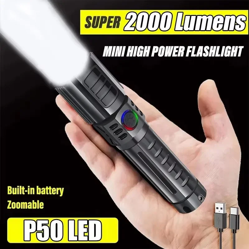 Powerful Mini LED Zoom Flashlight 3 Lighting Modes Built-in Battery USB Rechargeable Camping Fishing Emergency Torch Lantern