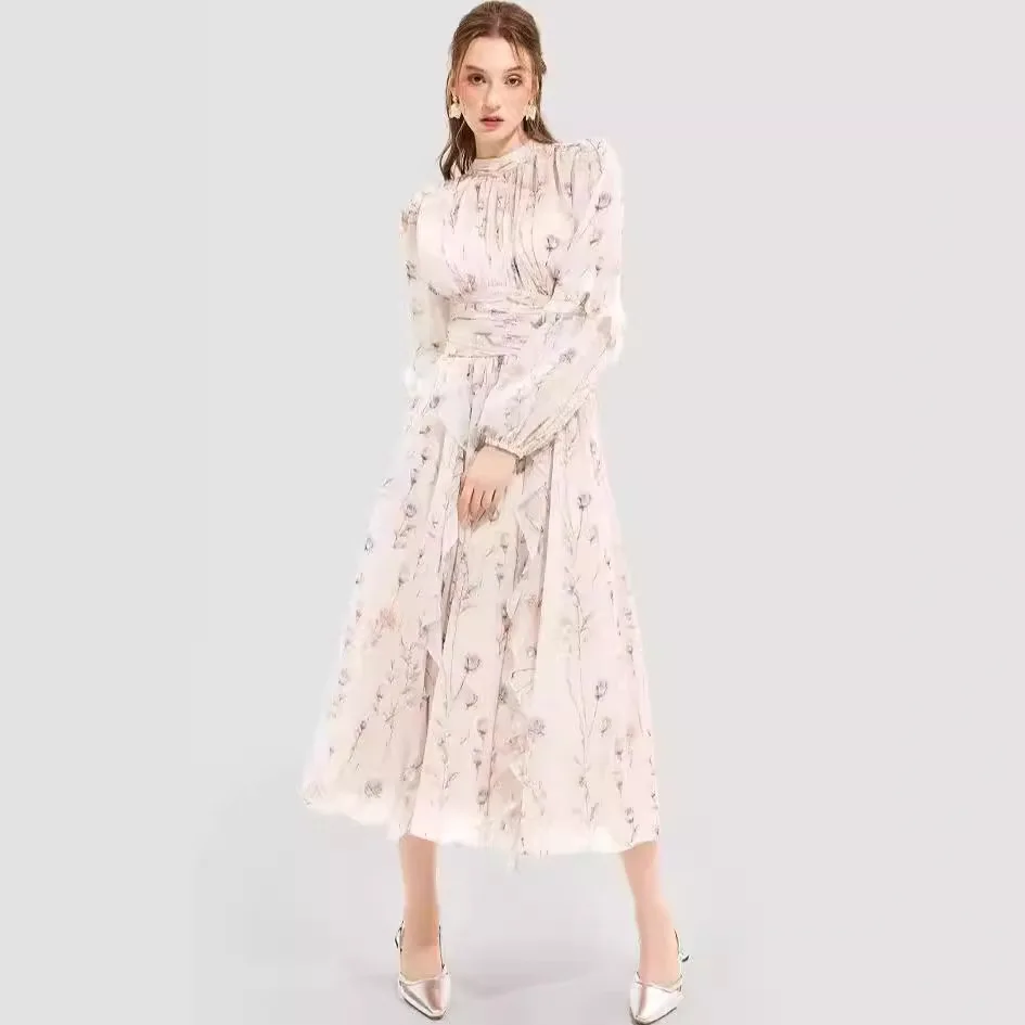 魅力的なシフォンイブニングドレス花柄プリント長袖女性ウエディングドレス茶丈フリルカスタマイズされたフォーマルパーティードレス