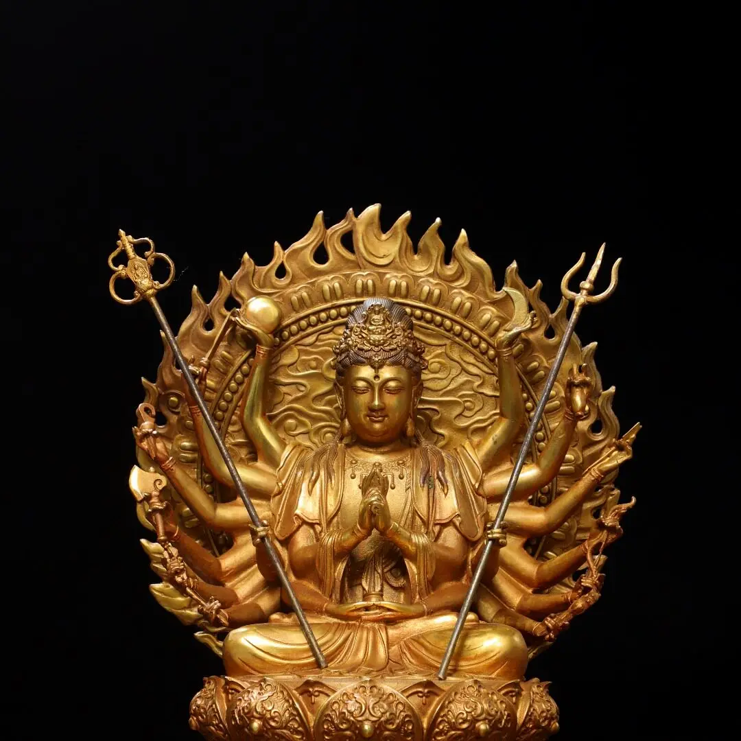 Thousand Armed Guanyin Buddha Statue Brass Gold Plated Antique Finish Home Buddhist Shrine Decor