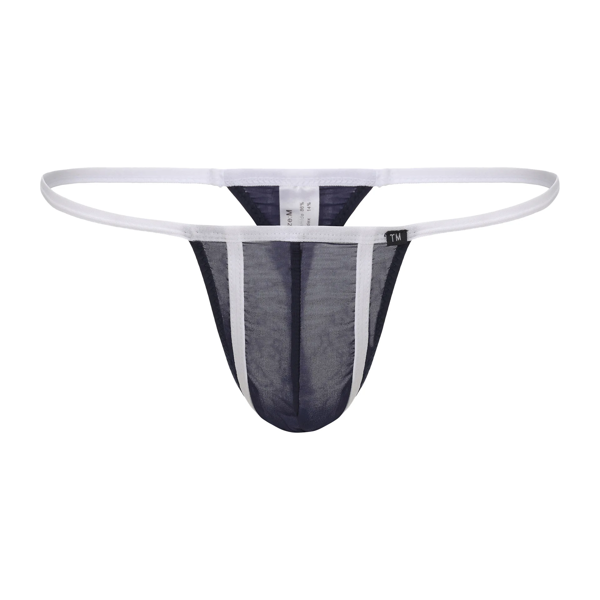 

Men Ice Silk T-back Thong Low Rise Contrast White Stripe Large U Pouch Ultra Thin Elastic See Through Sexy G-string Underwear