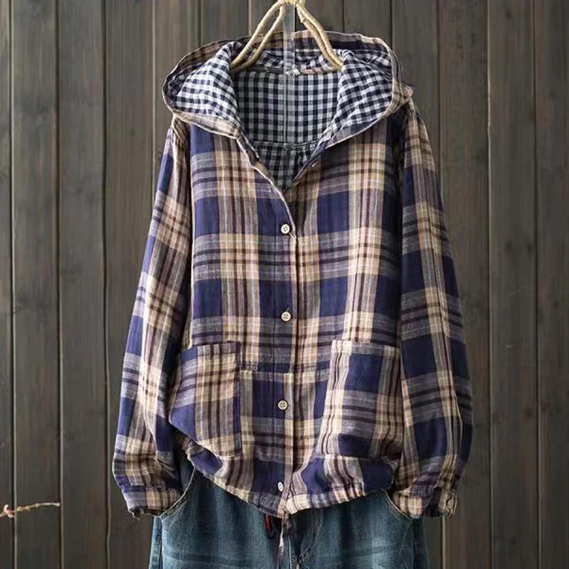 Large size blouses for women autumn spring hooded long sleeve single-breasted plaid shirts oversized shirt top female hoodies