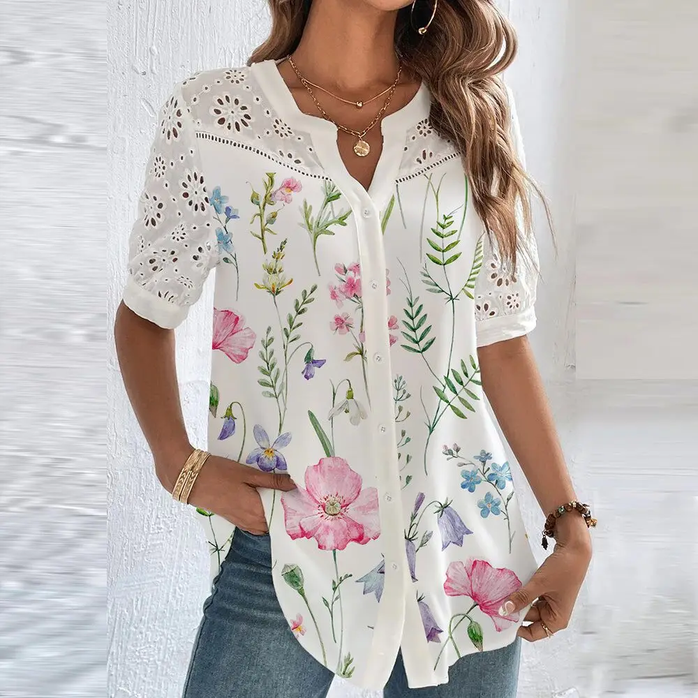 Summer Temperament Lace Loose Woman Shirt Elegant Casual  Shirt Woman Short Sleeve Blouse Weekend Top