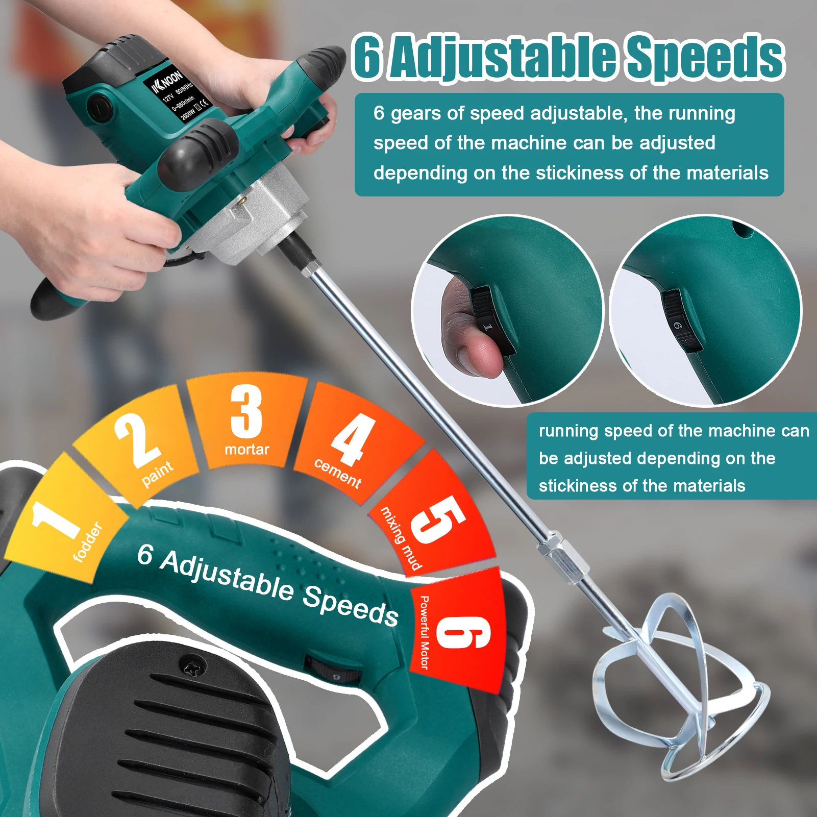 KKnoon 2600 واط خلاط الخرسانة الكهربائية المحمولة المحمولة خلاط الاسمنت الخرساني 6 سرعات آلة خلط قابل للتعديل