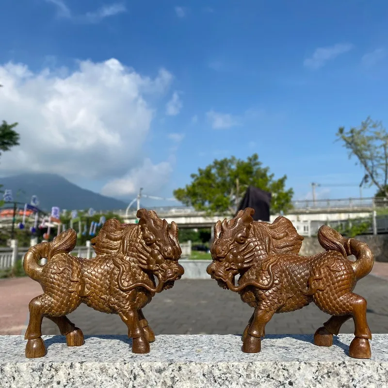 Hand-Carved Green Sandalwood Kirin Statue - 5.1