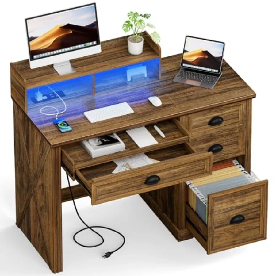 مكتب كمبيوتر مع حامل شاشة 47 في مكتب المكتب المنزلي في المزرعة مع أضواء LED مكتب تنفيذي مع مساحة تخزين لـ #1