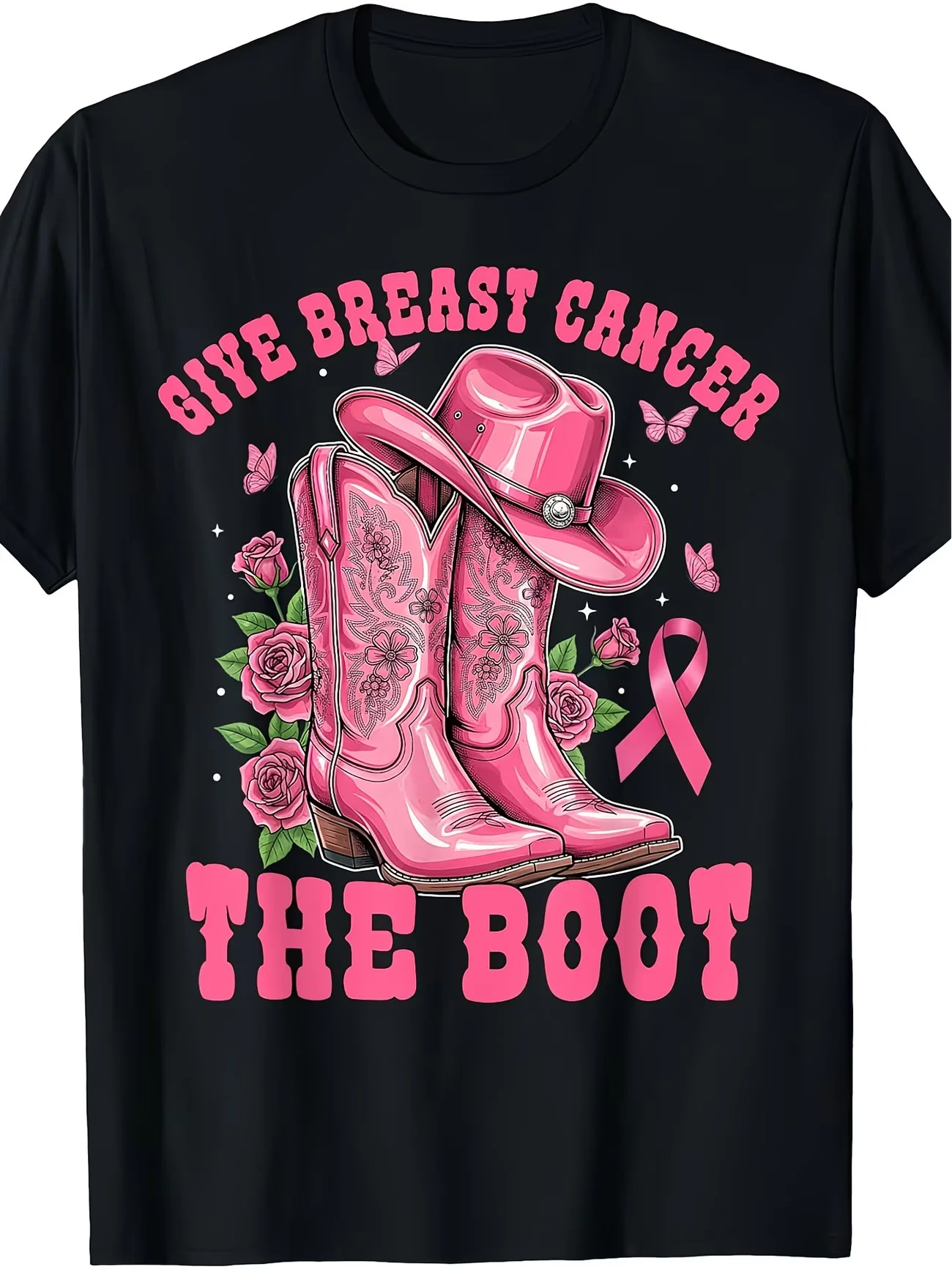 Women's Breast Cancer Awareness Cowgirl T Shirt with Pink Ribbon & Western Boots Hat Design Pink & Black Cause Tee