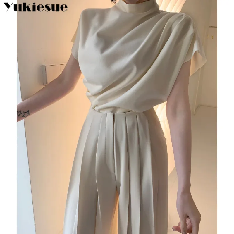 Temperament Irregular Solid Small Stand Collar Design Top Women+Elegant Pleated Casual Trousers Korean Chic Summer French Simple