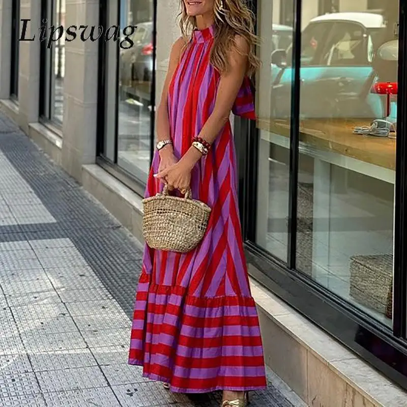 

Women Sexy Halter Off Shoulder Striped Dress Beach Elegant Sleeveless Backless Long Dress Summer Swing Big Hem A-Line Maxi Dress