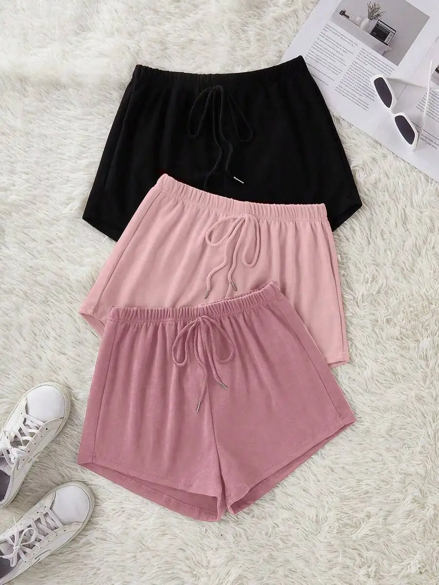 

3pcs Women Solid Color Drawstring Waist Casual Shorts Lounge Set