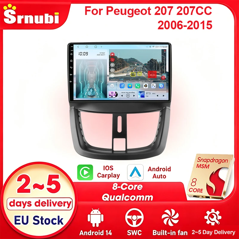 Srnubi pour Peugeot 207 207CC 2006-2015 Autoradio HiFi Stéréo 9 Pouces GPS Navigation Lecteur Multimédia Vidéo Radio RDS Compatible Carplay Sans Fil Android Auto Kit de Modification Audio pour Voiture