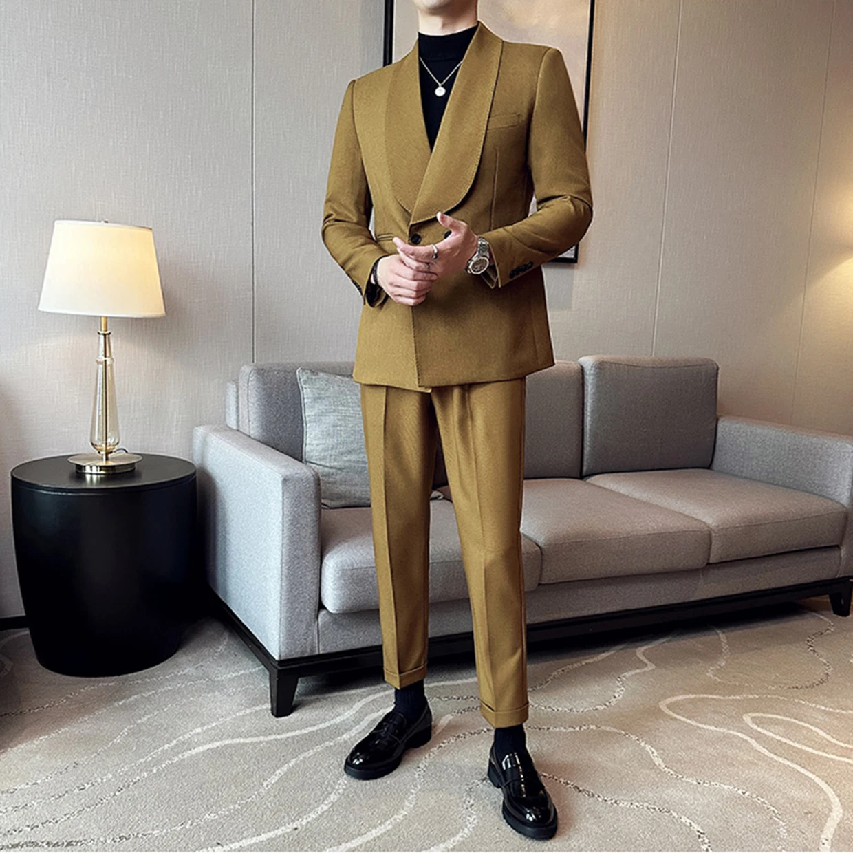 Relaxed Fit Tweed Herringbone Double Breasted Suit Mens 2 Piece Set Wedding Banquet Suit Business Outfits Customize
