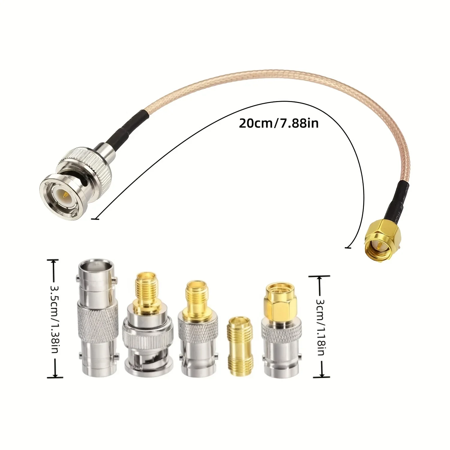 

Кабель SMA Male - BNC Male 20 см + комплект из 5 коаксиальных RF-адаптеров SMA - BNC для радиочастотных приложений/антенн