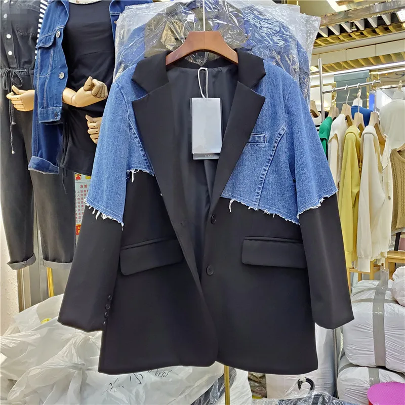 Coreano Denim Patchwork Blazer Donna Grande Tasca Tuta Sportiva Femminile Allentato Irregolare Contorno Medio Lungo Jeans Splicing Giacca Cappotto