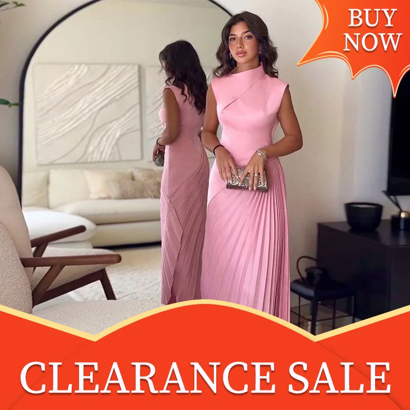 Women Elegant Pink Pleated Stand Collar Long Dresses Fashion Sleeveless Waist Up Slim Fit Vestidos New Female High Street Robes