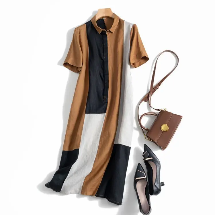 Dave&di Linen Design Sense Color Blocking Artistic Loose And Slimming Short Sleeved Mid Length Dress Vestidos Women's Dress