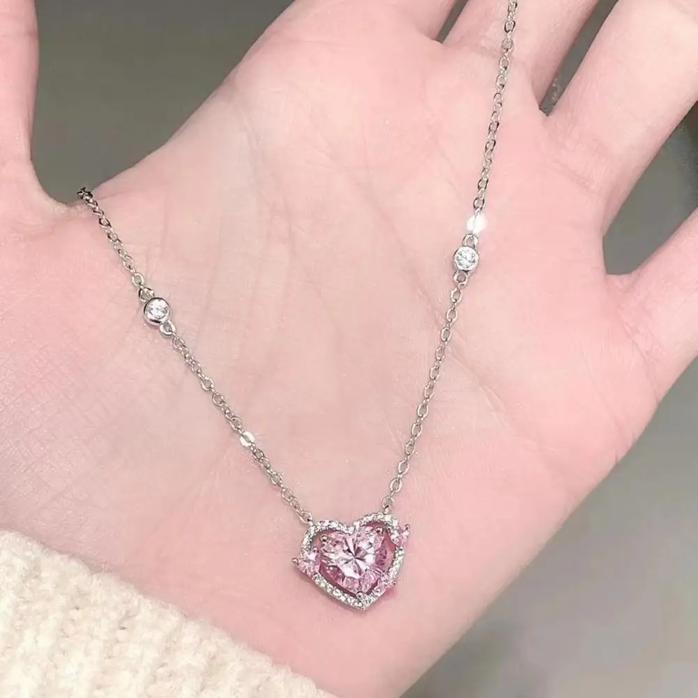 Women Heart Pendant Necklace Zircon Sweet Pink Heart Pendant Female Jewelry for Her Wife Daughter Girlfriend Gifts