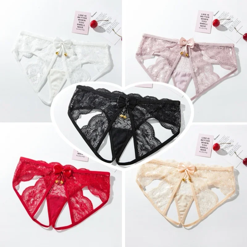 24Women\'s Panties Crotch Opening Transparent G-strings Thongs Bell Sexy Lingeries Solid Bowknot Underwear for Ladies Lace Pantys