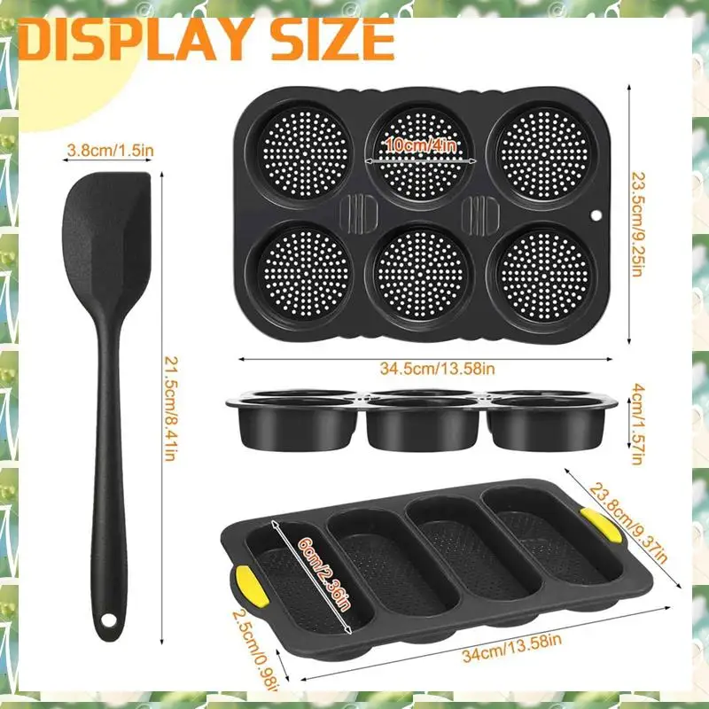 

FIZP Silicone French Bread Pan And Hamburger Bun Pan Set Nonstick 4 Wave Baking Tray 6Cup Hamburger Bun Mold Bread Pans Durable
