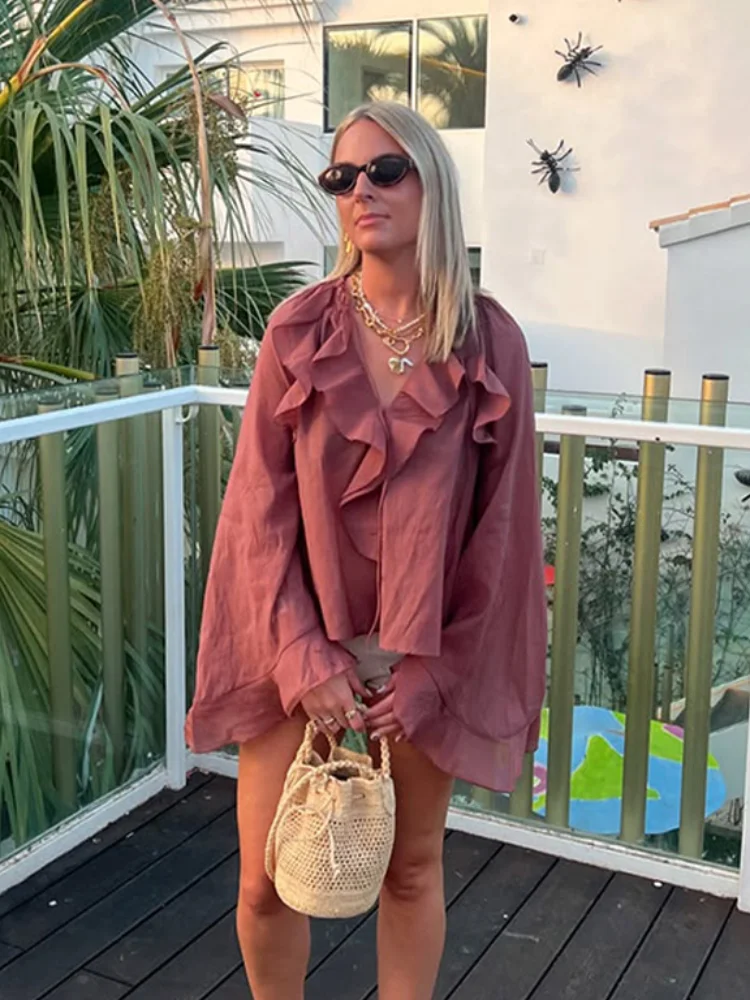 Chemisier court chic à manches évasées et col en V pour femme, chemise élégante à volants, streetwear de bureau, nouveau, 2025