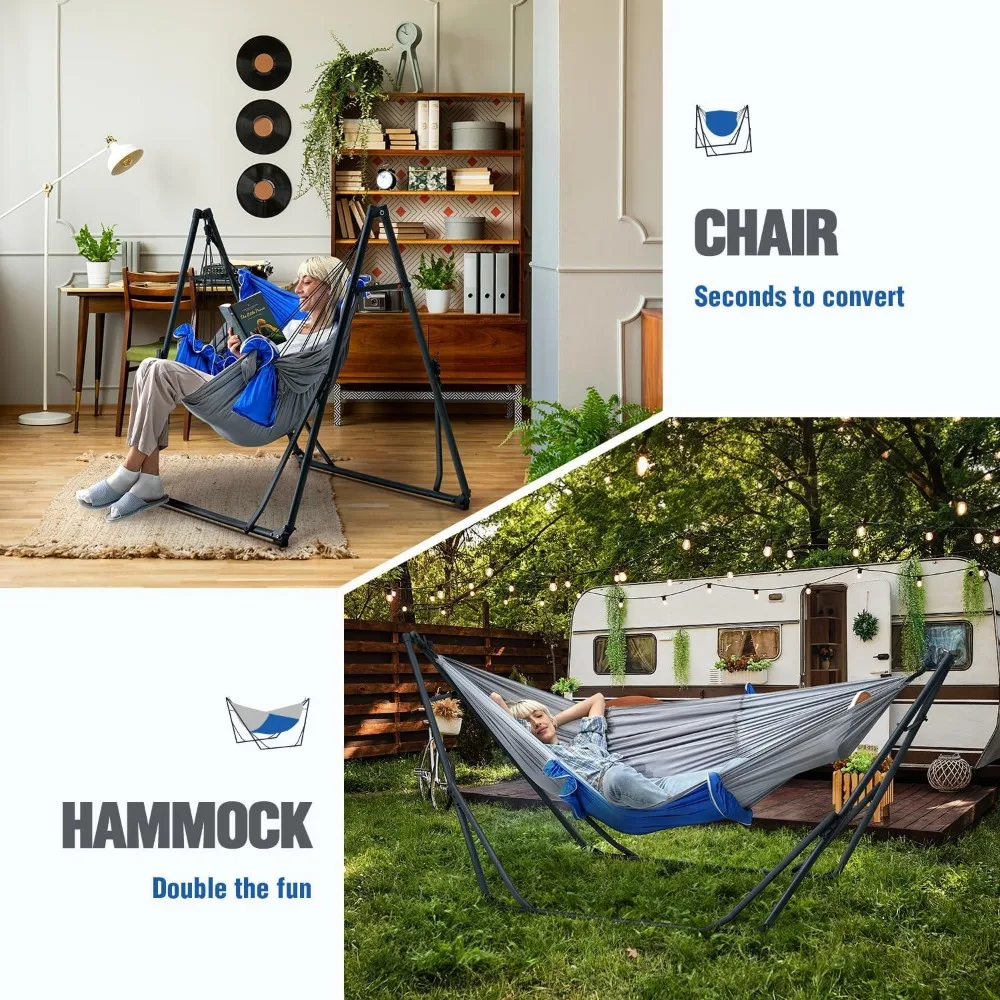 Hammock with Stand for Outside, Foldable Hammock Stand, 2 in 1 Hammock Chair for Camping Backyard, Patio, Indoor Use