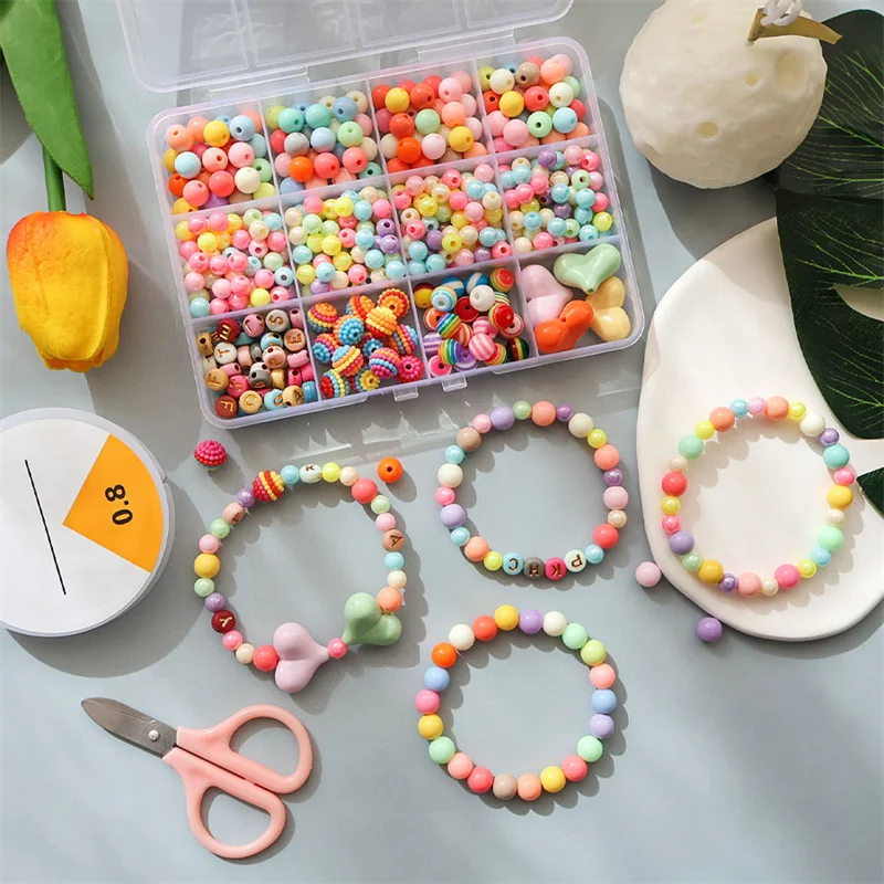 1 Box Multi-style Round Letter Beads Candy Color Acrylic Beads DIY for Bracelet Necklace Jewelry Making Beads Case for Girl Gift