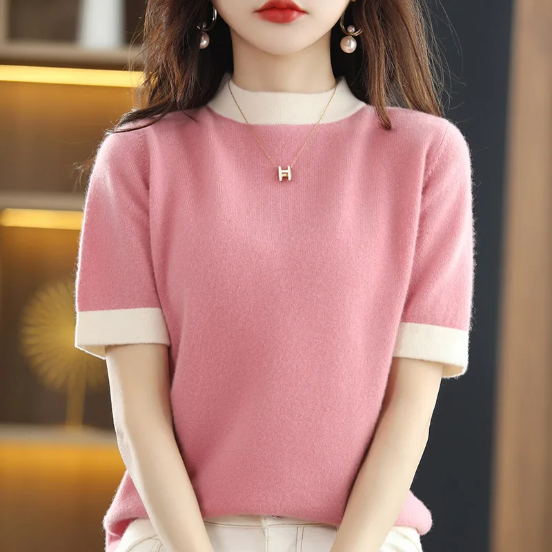 100% Wool Sweater Women's T-Shirt Spring and Summer New Round Neck Colorblock Pullover Short Sleeve Loose Knitted All-Match Base