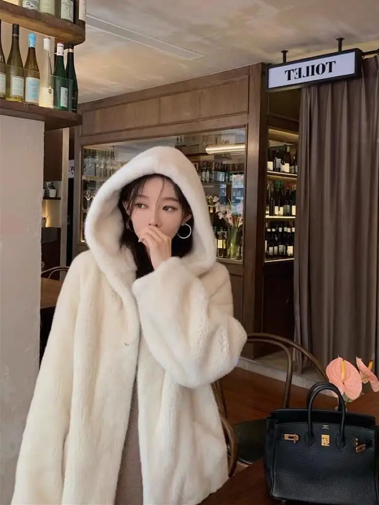 

Chaebol Mink Imitation Copenhagen Velvet Mink Hooded Long Environmentally Friendly Fur Coat Women Autumn and Winter New Style