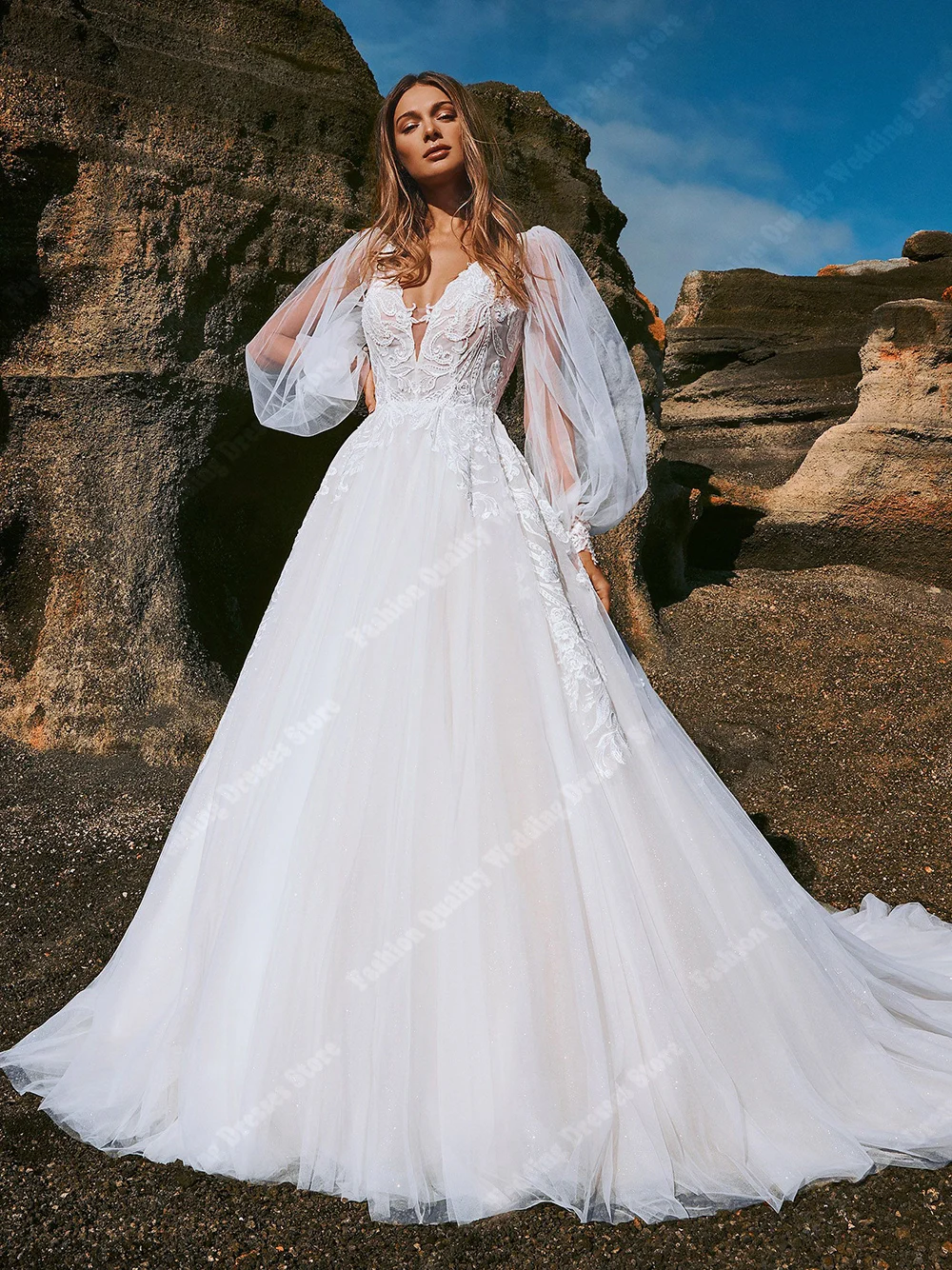 

Luxurious V-Neck Women Wedding Dresses Sexy Tulle Surface A-Line Bridal Gowns Mopping Length Party Vestidos De Noivas Customized