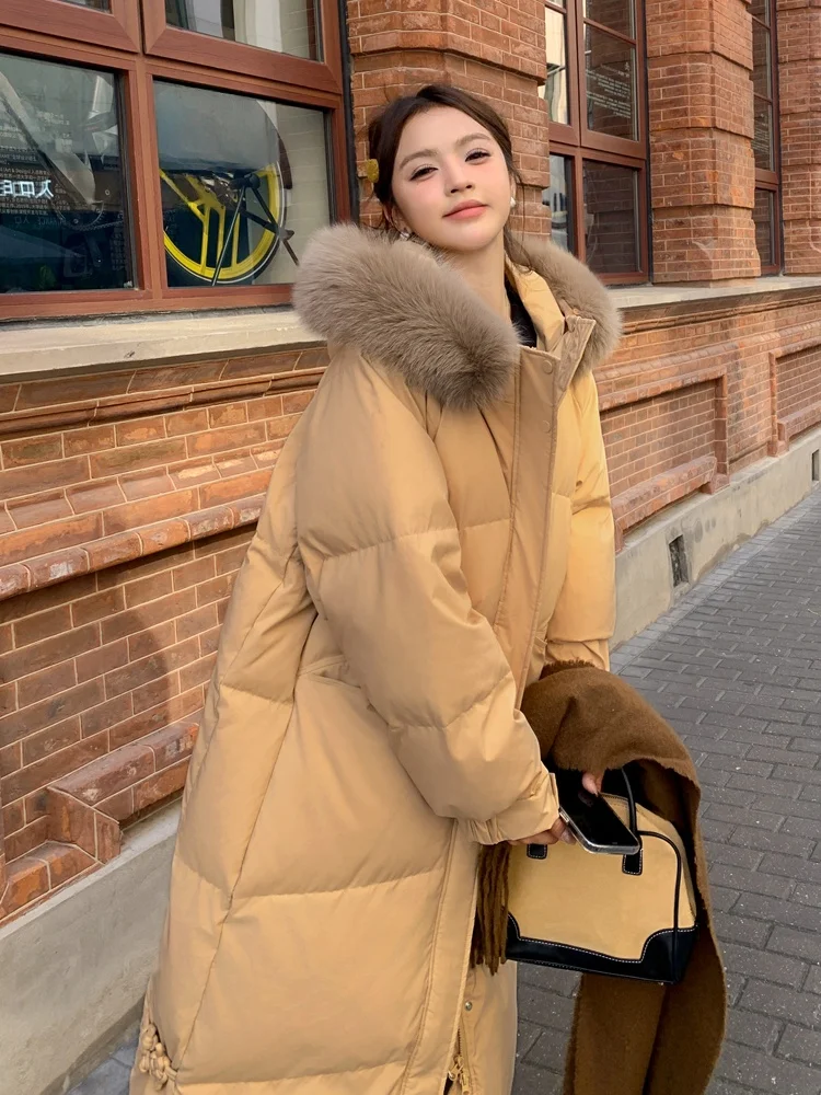 เสื้อโค้ทขนเป็ดสีชมพู แขนยาว สำหรับผู้หญิง ความยาวระดับเข่า แต่งขนที่ปก สไตล์เกาหลี ทรงตรง เหมาะสำหรับใส่ไปทำงาน